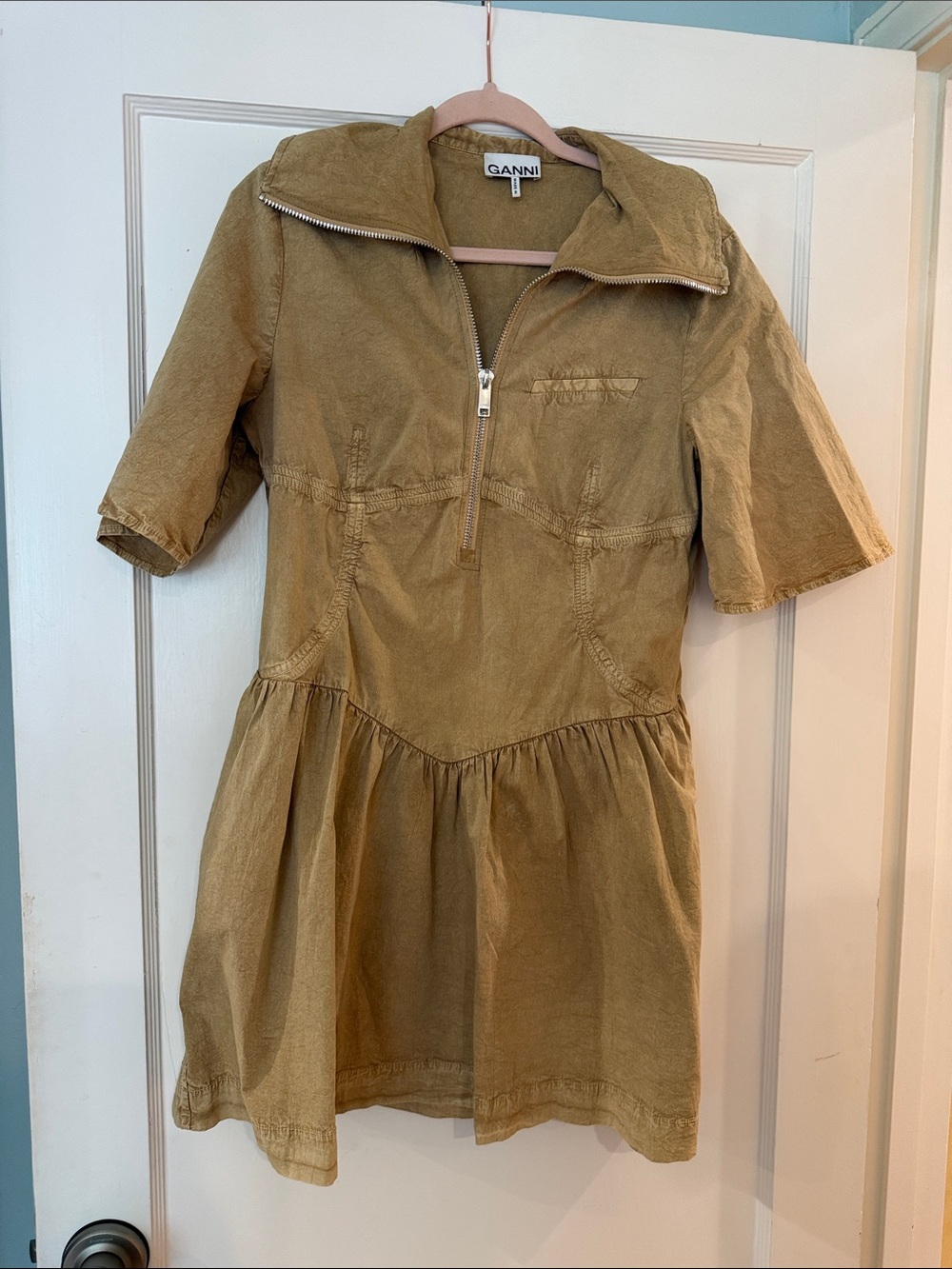 Ganni Tan Corduroy Half-Zip Midi Dress